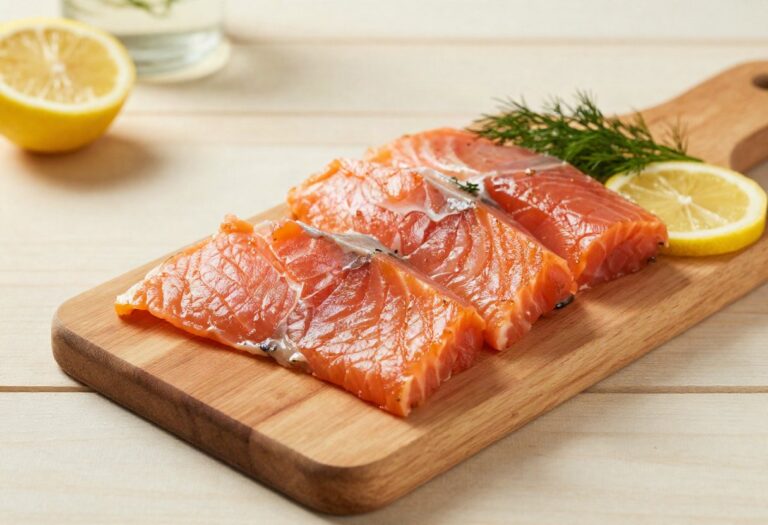 Slices of smoked salmon, lemon and dill
