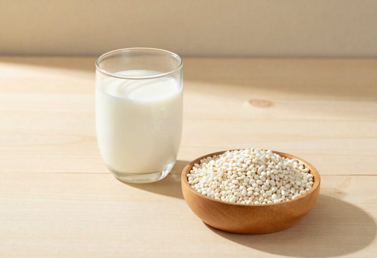 Glass of milk kefir and kefir grains