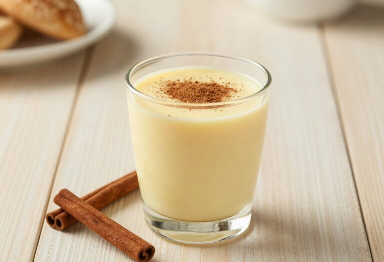 Glass of eggnog with nutmeg