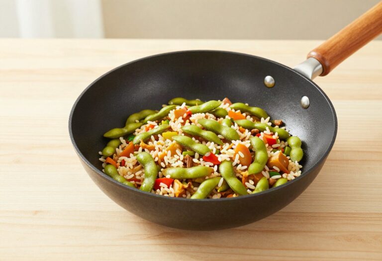 Wok d&rsquo;edamame, légumes et riz
