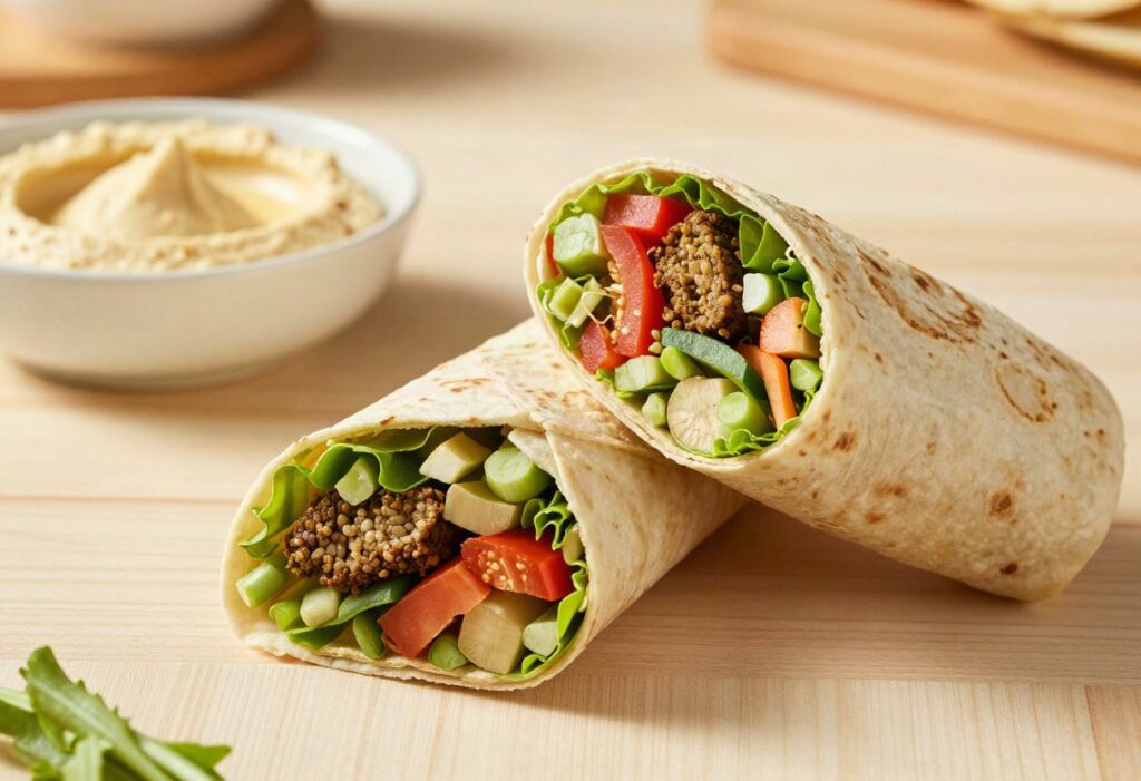 Falafel, hummus and raw vegetable wrap