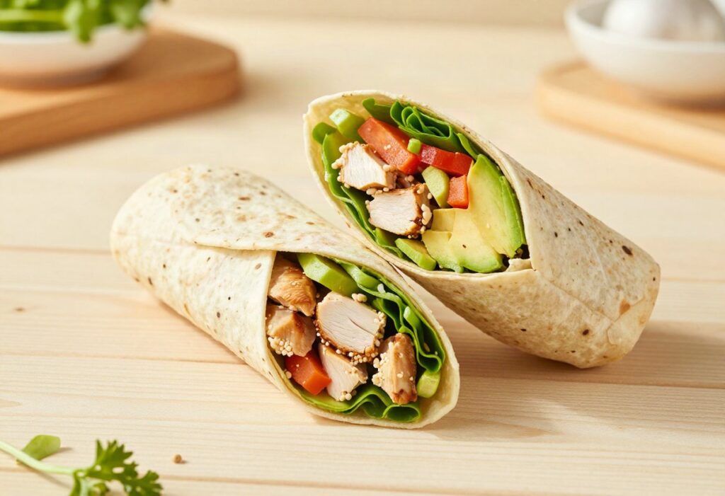 Chicken, avocado and raw vegetable wrap