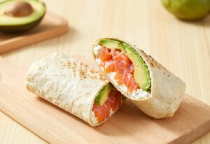 Salmon, avocado and soft cheese wrap
