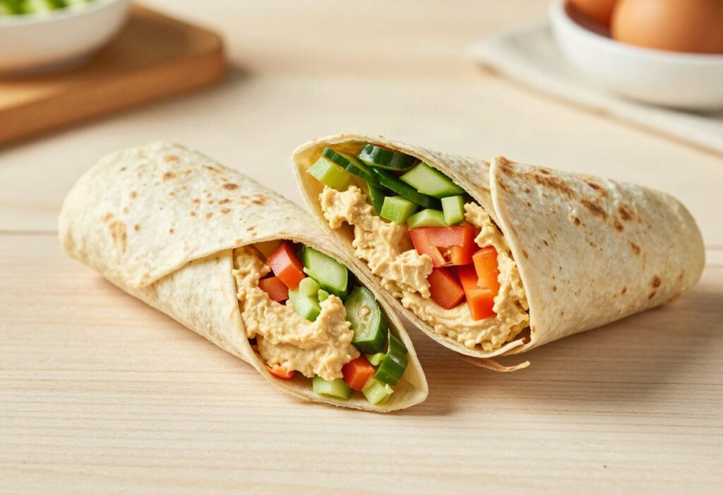 Vegetarian wrap with hummus and raw vegetables